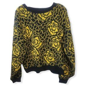 VTG Womens Sweater Currants By Jeri Jo Sz L Yellow Roses 1980s See Measurements